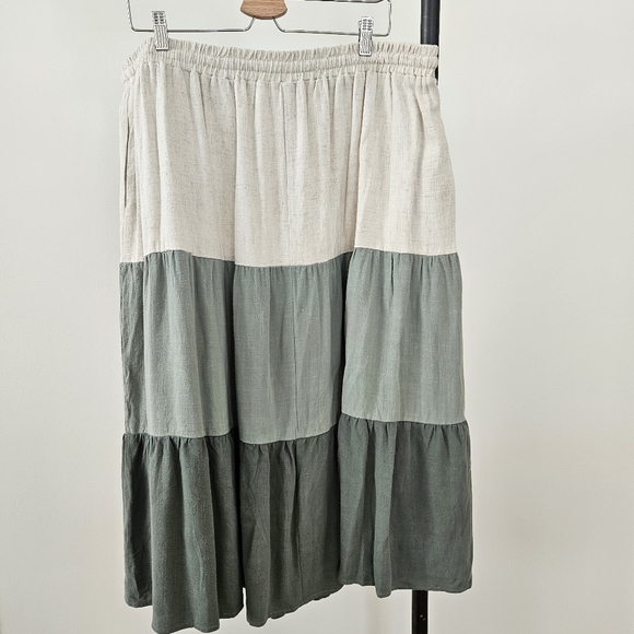 Ninexis Skirt 3X Plus Size Tiered Midi Green Cream Cotton & Linen Pockets NWT - Picture 12 of 12
